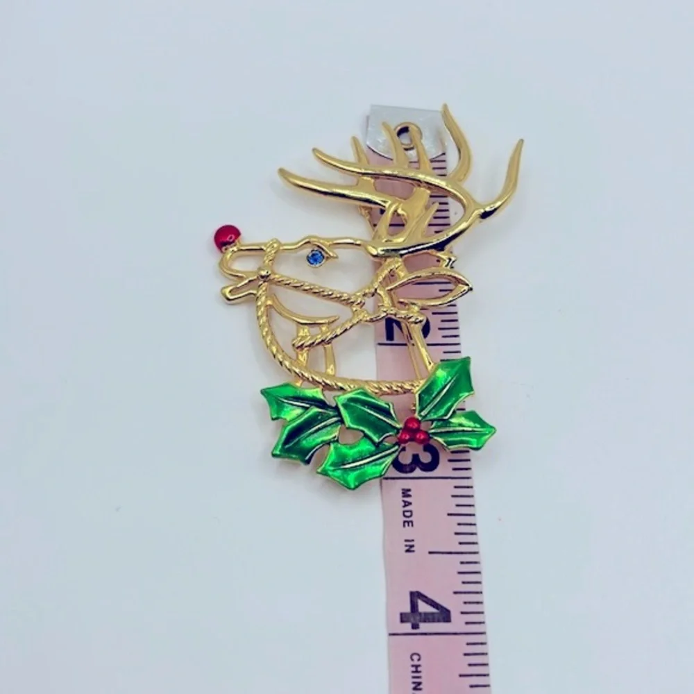 Vintage JJ Signed Large Reindeer Head Christmas Brooch